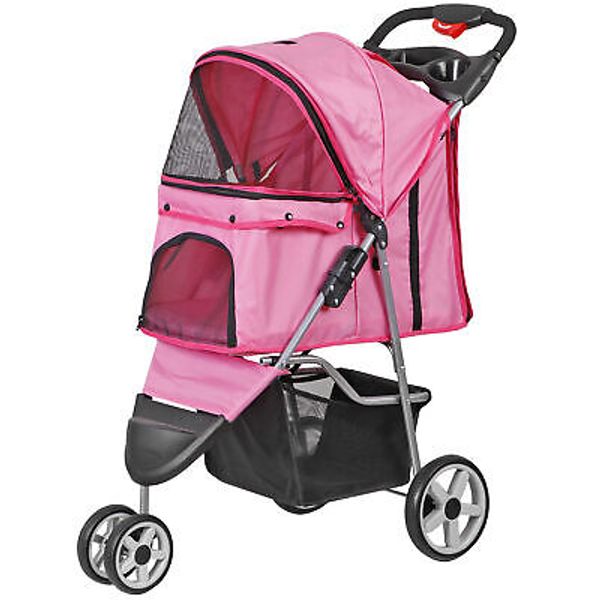 Pet Stroller Foldable 3 Wheels Dog Stroller Carrier Cart with Cup Holder Pink