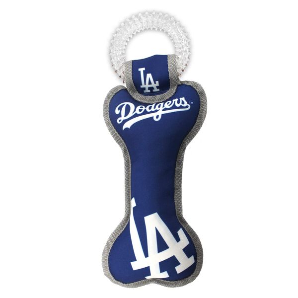 MLB Los Angeles Dodgers Bone Shaped DENTAL DOG TUG TOY with SQUEAKER. TOUGH PET TOY for Healthy Fun, Teething, and Cleaning pet's teeth and gum.