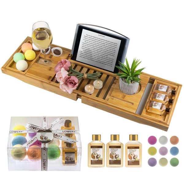 Bamboo Bathtub Caddy Tray Gift Set - Home Spa Bath Body Set