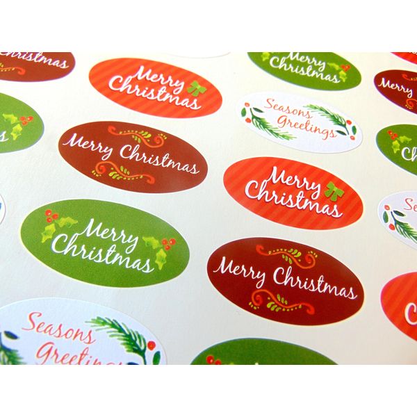 Pack of 48 Merry, Happy Christmas Oval Stickers, Colourful Envelope Seals Labels for Cards, Festive Craft and Decoration