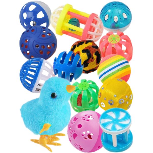 DIYUQISHI Cat Toys 16 PCS Set with Wind Up Chicken and Bell Balls for Indoor Cats and Kittens, Fun Kitten Kitty Toy Pack Including Interactive and Colorful Play Balls