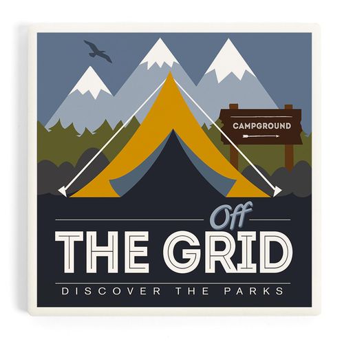 Off The Grid (Tent), Discover The Parks (Absorbent Ceramic Coaster, Single, Cork Back, Kitchen Table Decor)