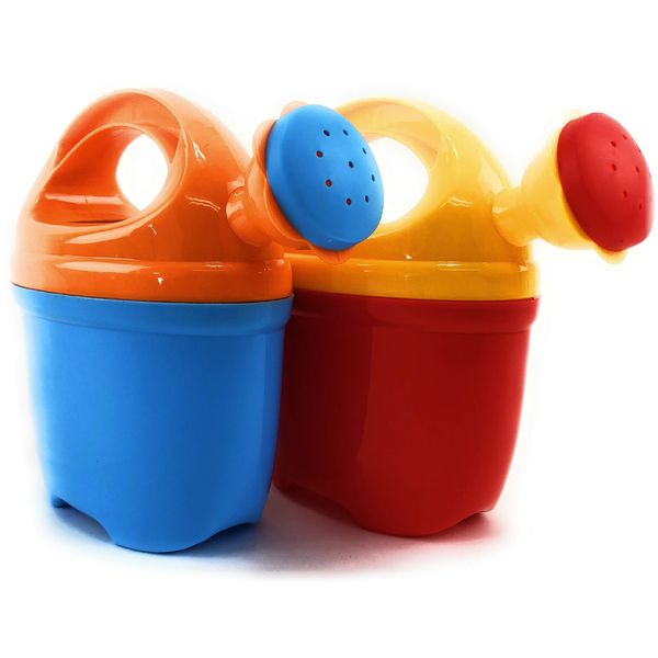 Matty's Toy Stop 7" Two Piece Plastic Watering Cans for Kids Blue/Orange & Red/Yellow Gift Set Party Bundle - 2 Pack