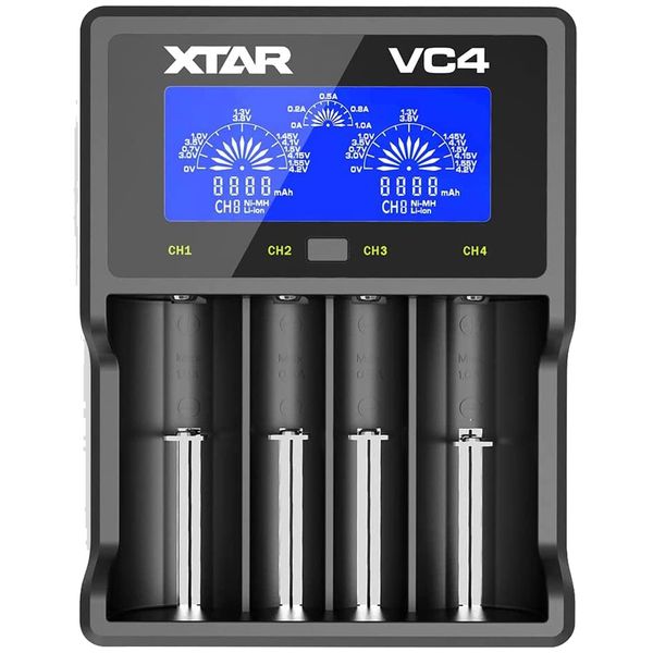 XTAR VC4 Lithium Ion Charger, 4 Slots, USB Display, Over-Discharge Release Function, Display, Fast Charging
