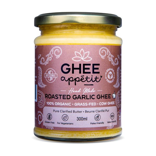 Ghee Appétit Roasted Garlic Ghee 300ml I 100% Organic Ghee infused with Organic Garlic I Grass Fed Ghee Butter I Organic Certified Ghee I Ayurvedic Artisan Ghee