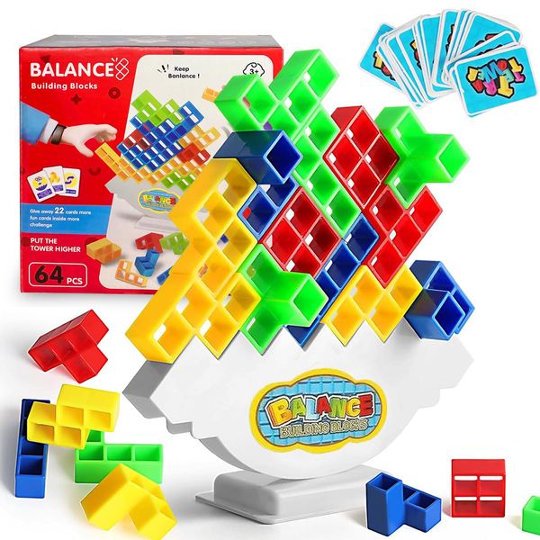 TOWINGO 64Pcs Tetra Tower Game, Stack Attack Board Game for Kids and Adults, Fun Uzzle Family Games Team Toys Building Block