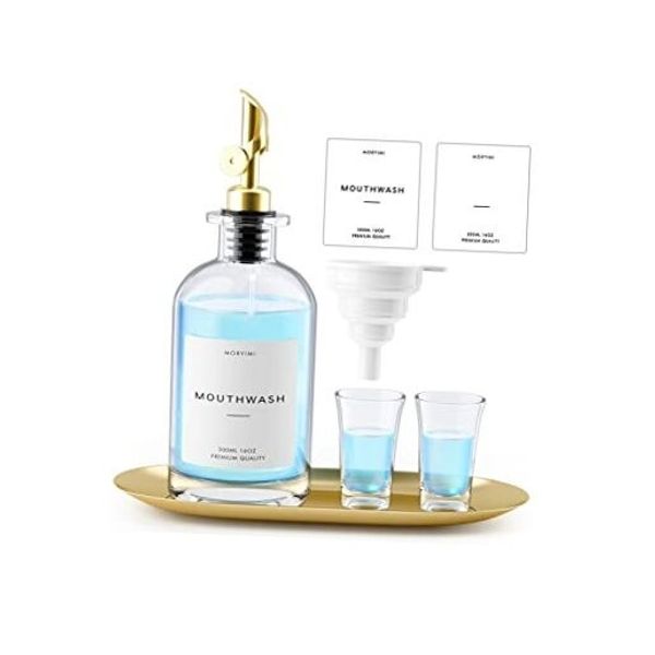 Mouthwash Dispenser, 16oz Glass Mouthwash Decanter for Bathroom, Mouth Wash