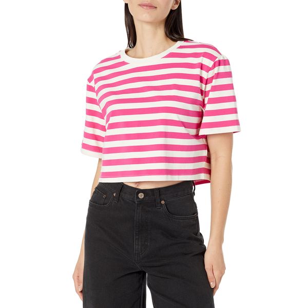 The Drop Damen Sydney T-shirt, Kurzer Cropped-stil, Rundhalsausschnitt, Pin-Streifen in Pink/Flüsterweiß, 3XL Große Größen