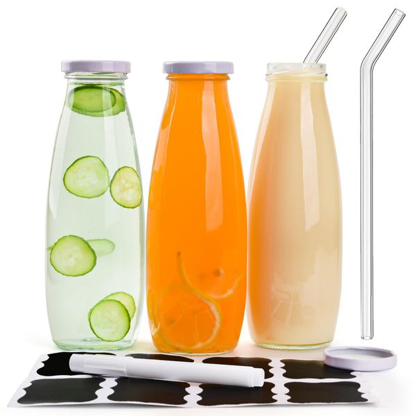 3 Pack 16 Oz Glass Milk Bottles with Lids, 500ml Reusable Clear Glass Drinking Bottles Juice Bottles with Glass Straws Beverages Containers for Milk, Juices, Smoothies, Kombucha, Jam and Water