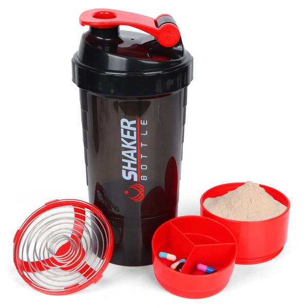 XTKS protein shaker bottle 16oz shaker bottle for protein shakes,protein shaker with Storage and Mix Ball,3 Layer Leak Proof protein bottle BPA free(red)