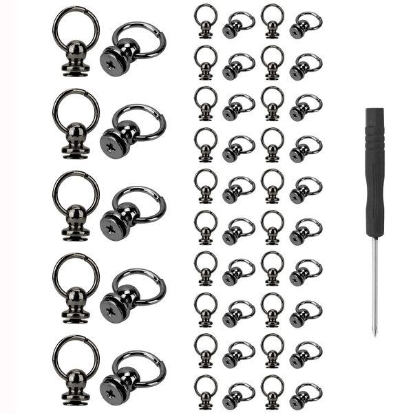 TiSuit 50pcs Screwback Round Head Rivet with Pull Ring Studs with Screwdriver for DIY Leather Craft Belts Purse Handbags Phone Cas (Gun Black)