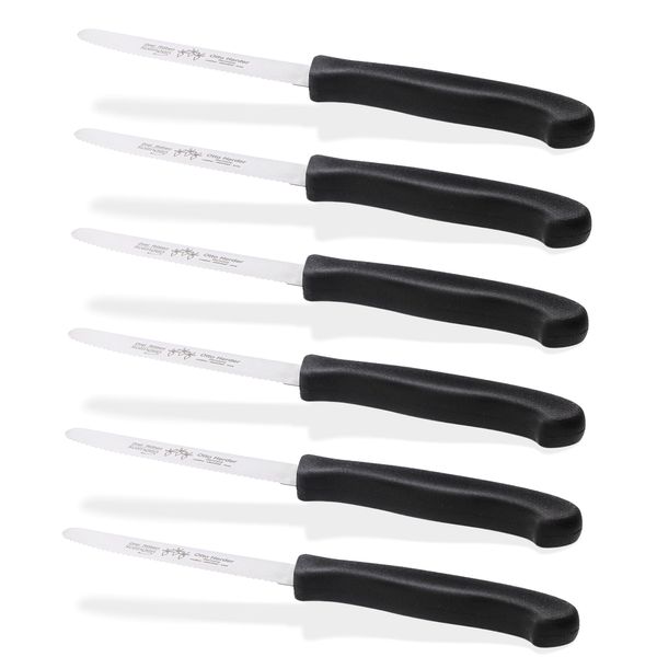 Otto Herder Set of 6 Table Knives from Solingen Breakfast Knives with Serrated Edge, 21.5 cm, Bread Knife Made of Stainless Steel with Black Plastic Handle
