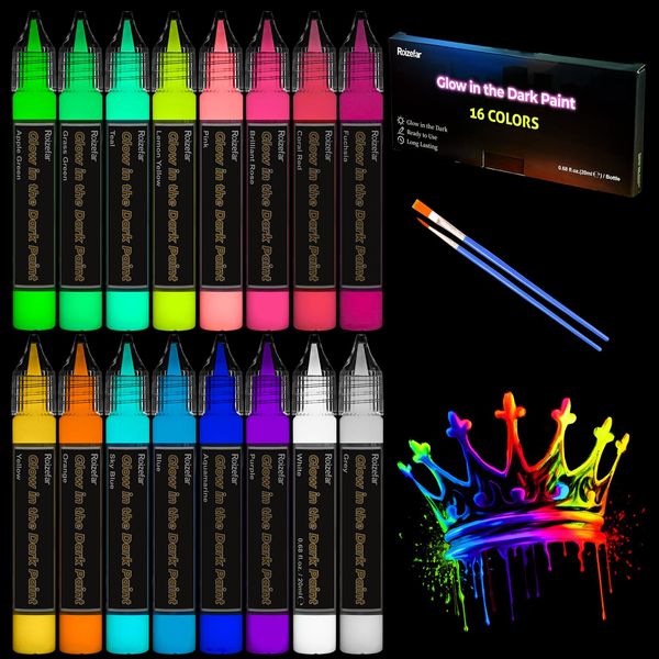 Roizefar Nachtleuchtende Farben 16×20ml, 3D Wasserfest Textilfarbe Farbe, glow in the dark Farben, Fluoreszierende Farbe DIY Stofffarben Klebestift für Kindermalerei, Leinwand Textil