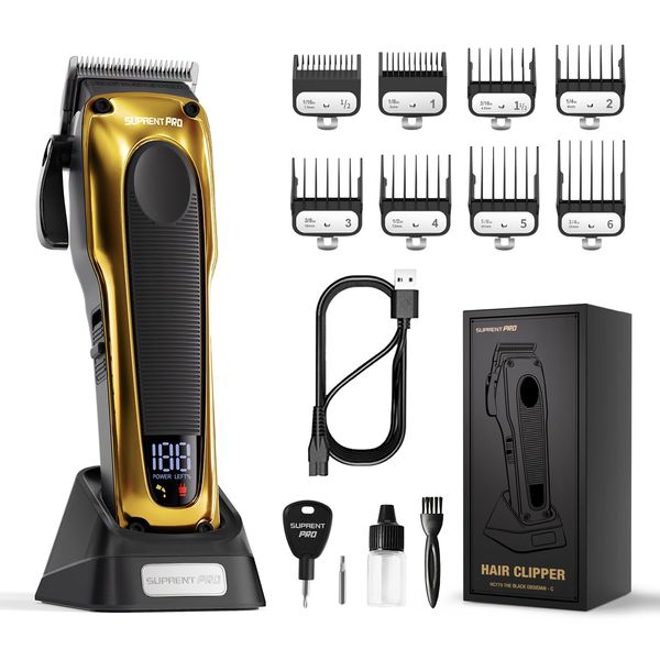 SUPRENT PRO Professional Hair Clippers for Men - High Torque Brushless Motor & DLC Coated Detachable Blade - Cordless Hair Clipper Set with Charging Base - Premium Gift Hair Clipper Kit-Gold