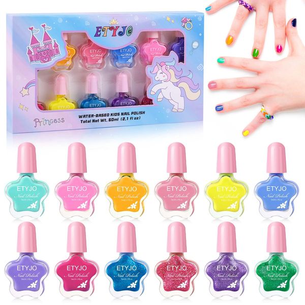 ETYJO Kids Nail Polish Sets for Girls, 12 Colors Non Toxic Nail Polish Kids, Peel Off Nail Varnish Quick Dry Kids Nail Varnish Sets for Girls Teenage Gift