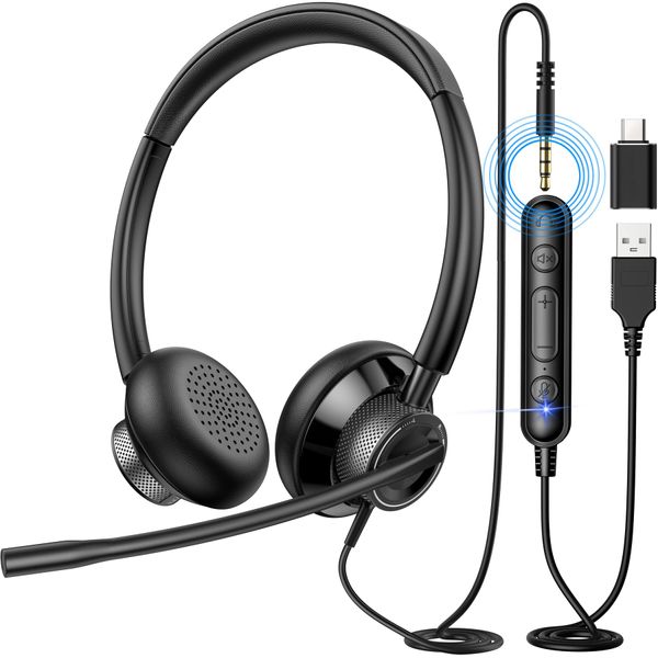 New bee USB Headset with Microphone for PC, Computer Headset with in-line Mute Volume Control Wired Headset for Laptop, Skype, Zoom, Call Center, Meetings, Webinar, Home