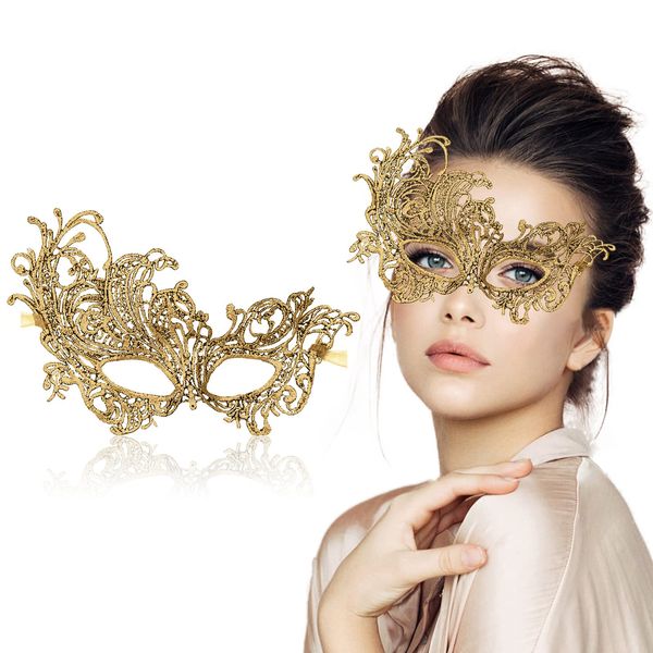 Masquerade Mask for Women Lace Masks Venetian Masquerade Party Costume Party Halloween Carnival Fit for Adults, Soft & Black (Classic - Gold)