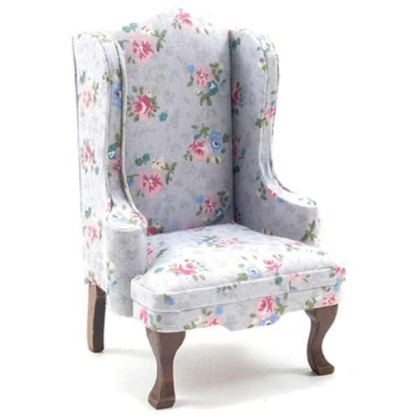 Melody Jane Dollhouse Grey Floral Wing Armchair 1:12 Gray Walnut Living Room Furniture