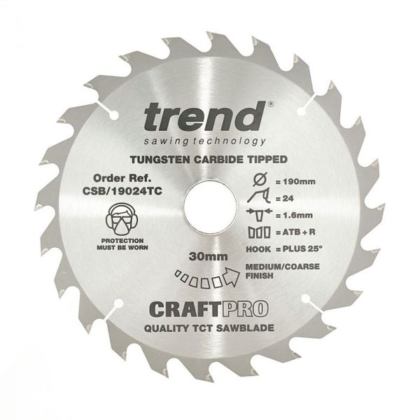 Trend CraftPro TCT Cordless Thin Kerf Sawblade for Wood, 190mm Diameter, 30mm Bore, 24 Teeth, 1.6mm Kerf, +25° Hook, CSB/19024TC