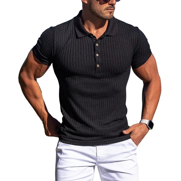 Muscle Polo Shirts for Men Slim Fit Short Sleeve Golf Shirts Men Dry Fit Shirts Casual Stylish Clothes Black