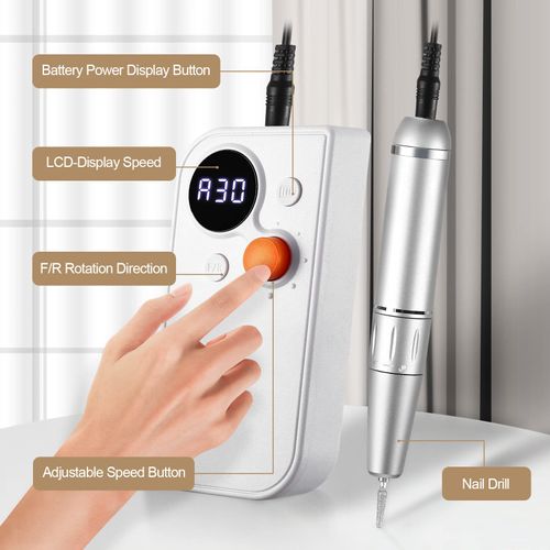 Portable Nail Drill Kit Rechargeable 30000 RPM Electric Nail Machine Professional Cordless Efile Nail Drill Set with 7 Nail Bit, Polishing