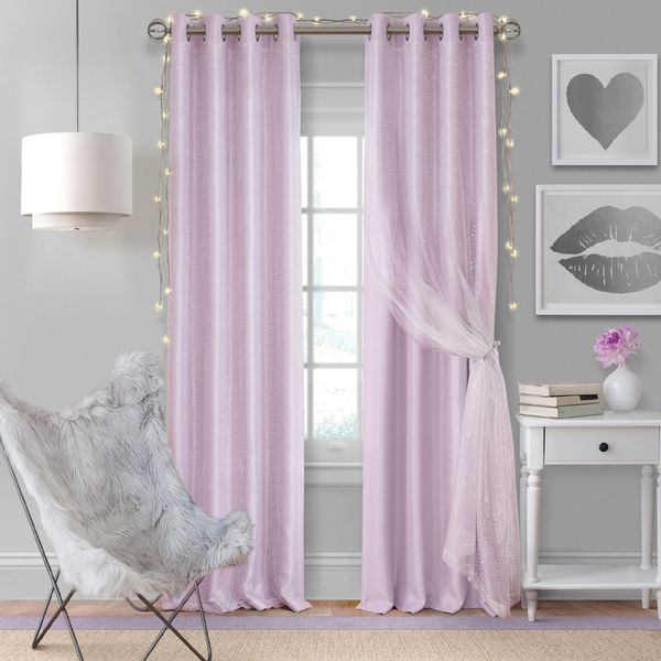 Elrene Home Fashions Aurora Kids’ Sheer Blackout Layered Curtain Panel, (Lavender), (52X63)