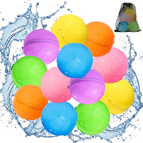 SOPPYCID Reusable Magnetic Water Balloons, 12 Pack Refillable Water Bomb Splash Balls Self Sealing Quick Fill, Latex-Free Silicone Water Toys for Kids Adults Water Games Outside Summer Fun Party