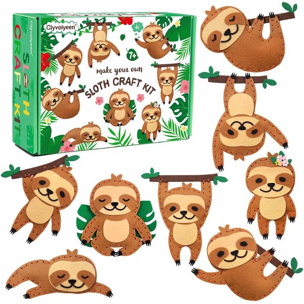 CiyvoLyeen Sloth Sewing Craft Kit Jungle Animal DIY Craft Sewing Kit for Girls and Boys Educational Sewing Kits for Kids Age 8 9 10 11 12 Craft Kit Includes 8 Projects