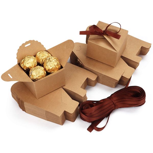 Belle Vous 60 Pack Small Brown Kraft Gift Boxes with Ribbon - 6.5 x 6.5 x 4.5cm (2.55 x2.55 x 1.77 inch) - Wedding Favour Paper Candy Kraft Boxes - Anniversary, Birthday Party, Bridal/Baby Shower