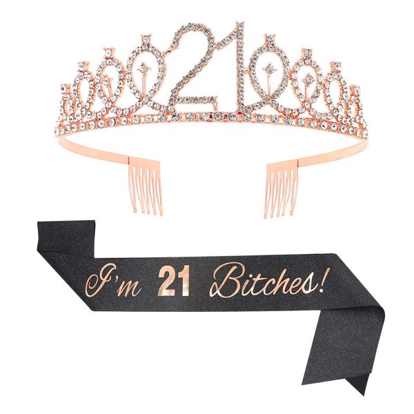 RosewineC 21st Birthday Sash Rhinestone Birthday Crown Women Girls Birthday Tiara,Birthday Gifts for Women 21st Birthday Party Supplies