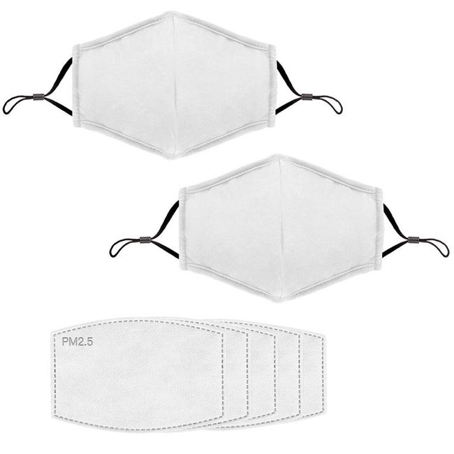 Mask, 2 Pieces, Cloth Mask, Washable, Reusable, Adjustable Rubber, Unisex, UV Protection, Antibacterial, Deodorizing, Stain Resistant, White, Includes 5 Replacement Sheets
