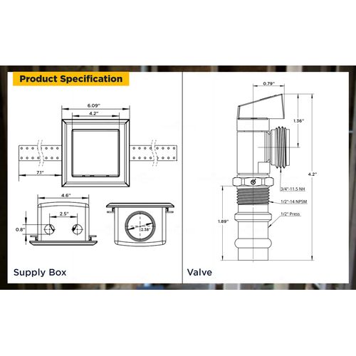 Highcraft Washing Machine Outlet Box Compact Universal Utitliy Outlet Valve Box for Ice Makers, Gas Valves, Air Admittance Valves and Washing Machine, 1/2" Press Connection