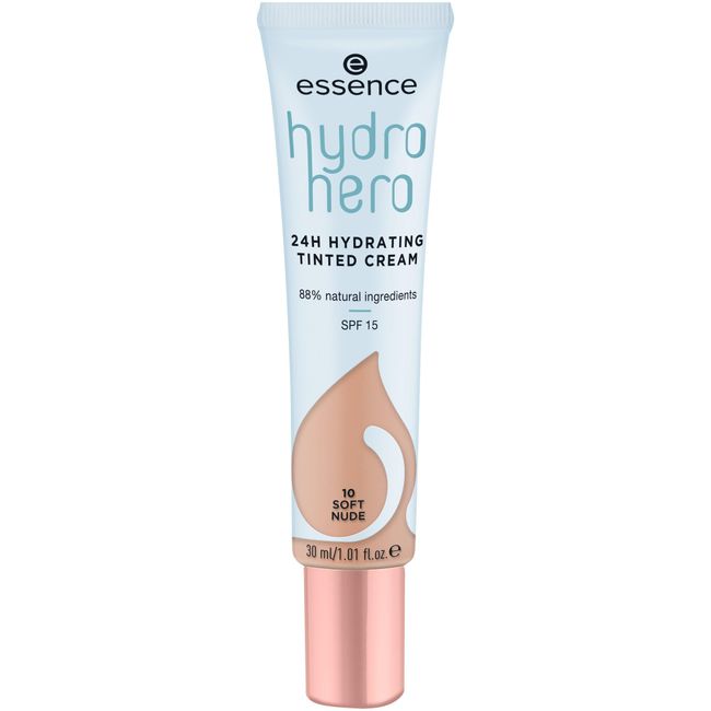 essence cosmetics hydro hero 24h HYDRATING TINTED CREAM,Make Up,Foundation,Nr. 10 Soft Nude,nude,glättend,pflegend,UVA,UVB filter,natürlich,vegan,ölfrei,mit Sonnenschutzfaktor,mit LSF (30ml)