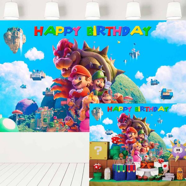 Super Mario Movie Backdrop for Birthday Party Video Game Blue Sky Background Kids Mario Bros Party Supplies Cake Table Banner 5x3 ft 429