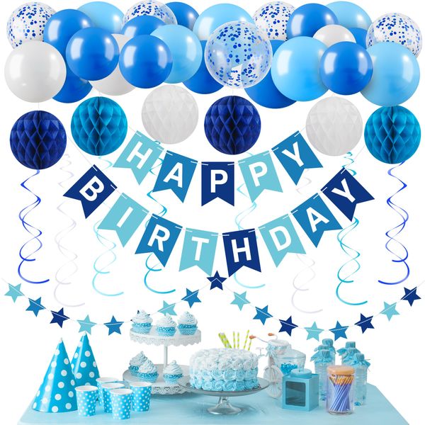 Blue Happy Birthday Party Decorations Set for Men Boys, Pre-Strung Happy Birthday Sign Banner, Blue Balloons, Tissue Paper Pom Poms, Star Garland, Hanging Swirls for Birthday Party Decorations