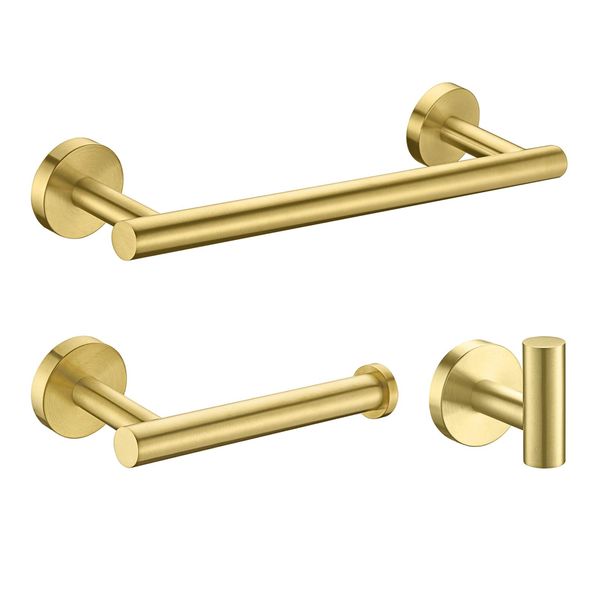 Nolimas 3-Pieces Brushed Gold Bathroom Hardware Set SUS304 Stainless Steel Round Wall Mounted Includes 12" Hand Towel Bar,Toilet Paper Holder,Robe Towel Hooks,Bathroom Accessories Kit