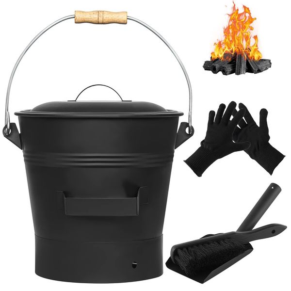 Fireplace Ash Bucket With Lid Shovel Hand Broom And Gloves 2.6 Gallon Charcoal W