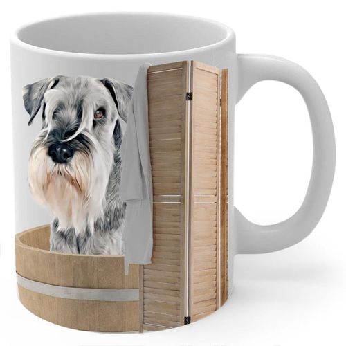 Funny Salt Pepper Standard Schnauzer Mug 11oz White Ceramic Novelty - Cute Coffee Cup with Animal Bathtub Peeking Design Gifts for Dog Lovers