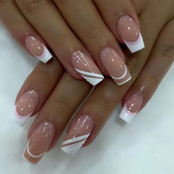 JUSTOTRY 24 Pcs White French Press on Nails Medium Designs,Pink False Nails Square with Nail Glue,Pretty Stick on Nails for Women and Teens,Glossy Squoval Fake Nails for Girls Nails Art