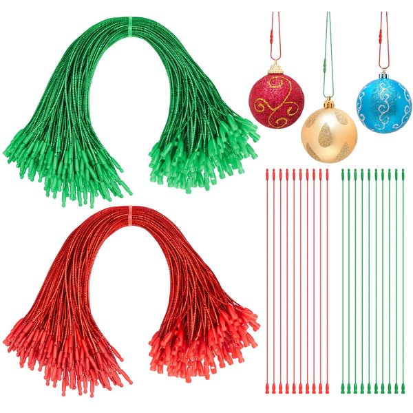 ilauke 200Pcs Christmas Tree Ornaments Hanger Strings with Snap Lock, Xmas Ornament Hanging Rope, Christmas Decoration Hanging Cord, Precut Hanging Thread for Crafting (Red, Green)