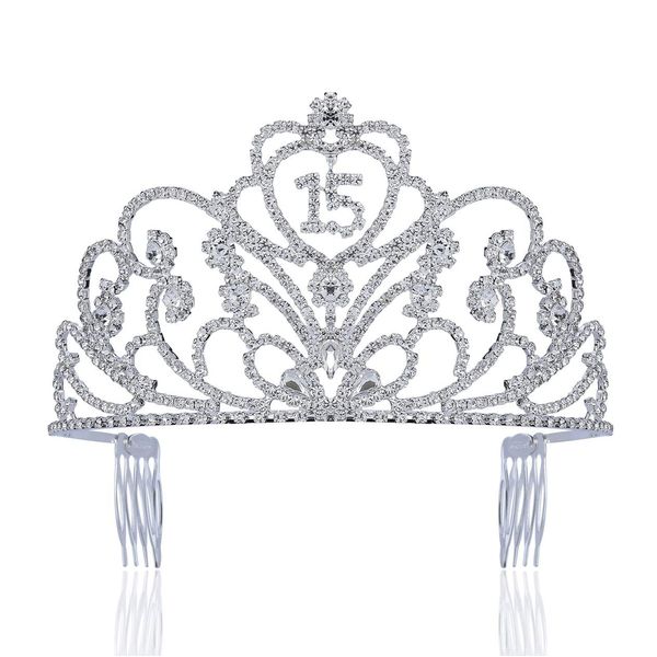 Quinceanera Coronas de Quinceañeras Sweet 15 Fifteen 15th Birthday Party Clear White Austrian Rhinestone Crystal Princess Hair Jewelry Tiara Crown With Hair Combs T1813 Silver