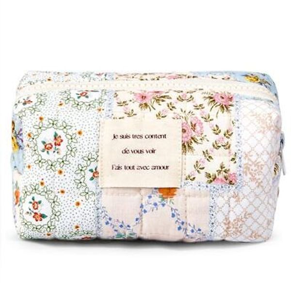 Floral Makeup Bag Small Cotton Quilted Cosmetic Makeup Bag Blue Floral-S