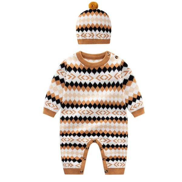 Baby Geometric Embroidered Pattern Long Sleeve Knitted Romper Jumpsuit - 59 (0-3M) / Brown