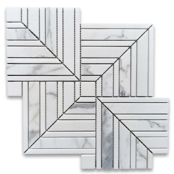 L7L5XP Statuary White Marble Maze Square Chevron Mosaic Tile Polished