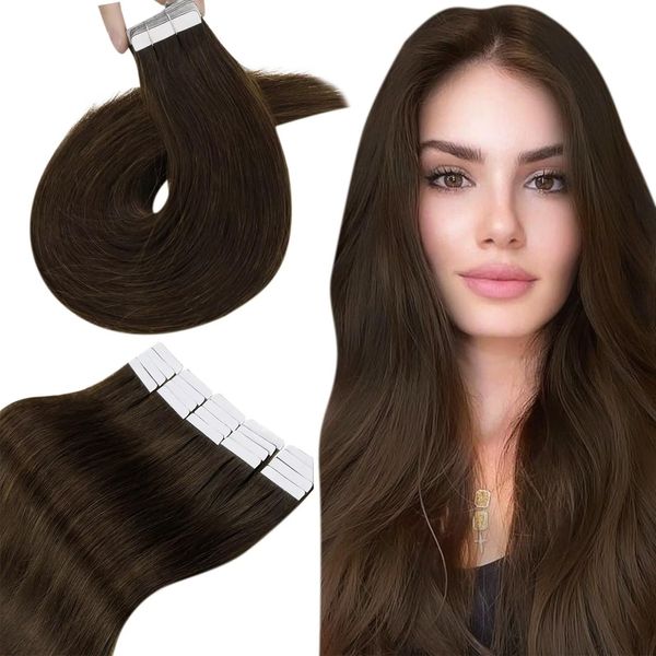 Tape Echthaar Extensions Braun Tape in Extensions Remy Echthaar Double Side Tape in Extensions #4 Dunkelbraun Naturlich 50g 60cm