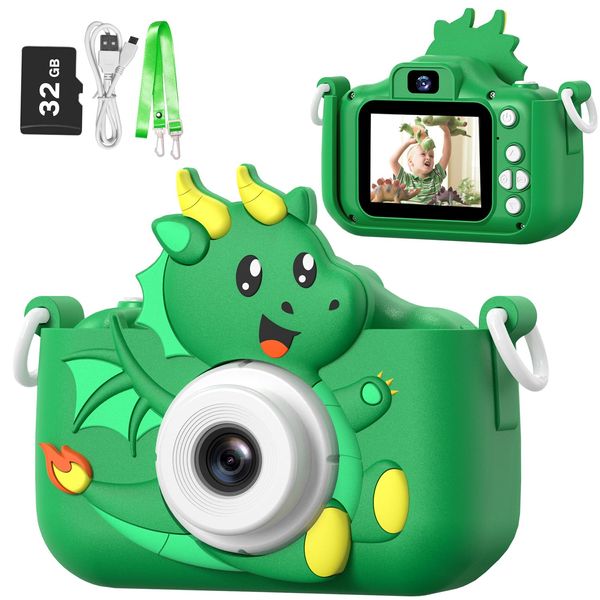 goopow Kids Selfie Camera Toys for Girls Age 3-9, Digital Video Camera Toy with Protective Cover,Christmas Birthday Festival Gifts for 3-9 Year Old Girls Boys- 32GB SD Card Included (Green-H25)