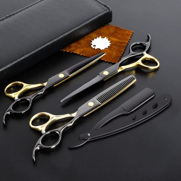 M&LD Professional Hairdressing Scissors Stainless Steel Hair Cutting Barber Scissors 2 Straight Sharp Shears 1 Thinning Scissors 1 Razor Black Gold Hair Scissors for Men Women Salon Home Use