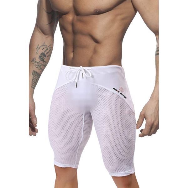 MIZOK Men's Yoga Capris Mesh Quick Dry Swimwear Workout Shorts(White,M)