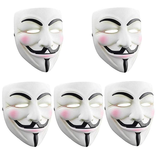 SN-RIGGOR 5 Packs V for Vendetta Anonymous Resin Fancy Cool Costume Cosplay Mask Hacker Mask for Halloween Costume White Anonymous Face Masks for Halloween Party/DIY Toy Head Mask