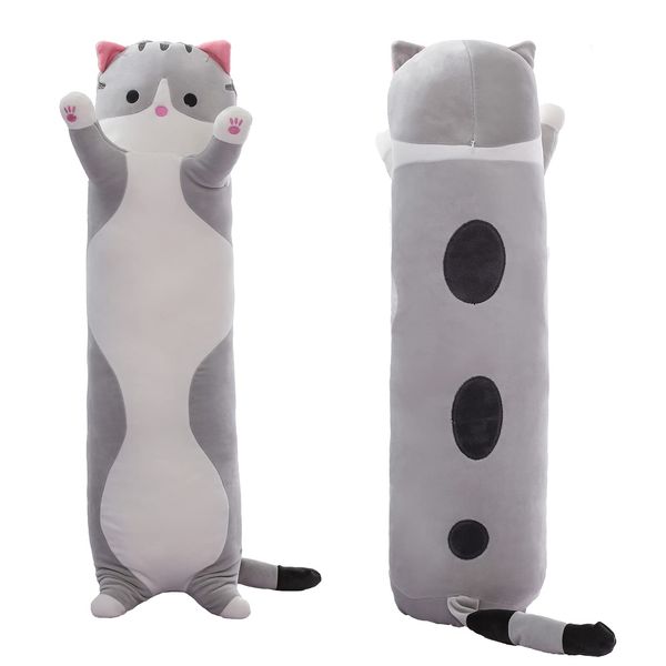 SHINUOER Long Cat Plush Pillow Cat Body Pillow,Gray Cat Stuffed Animals Soft Plushies Kawaii Stuffed Kitten Plush Toy for Kids Girlfriend(Gray, 19.7Inch)